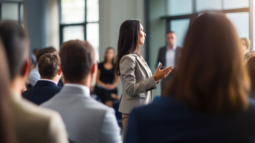 A business woman speaking in front of a crowd